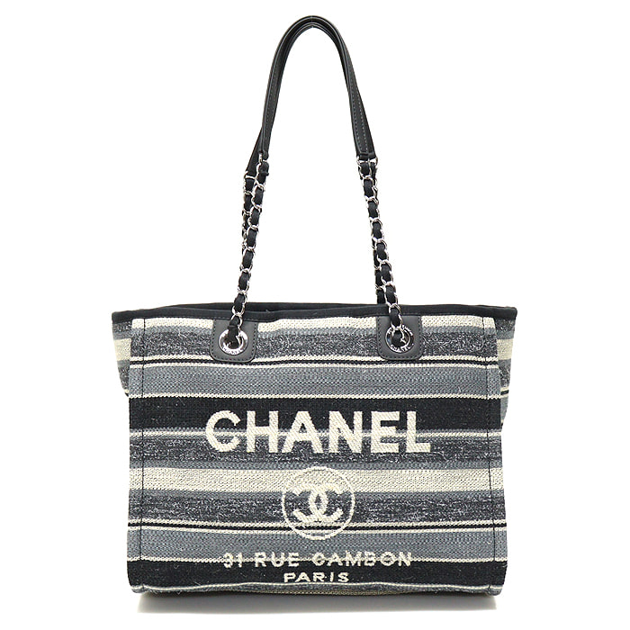 Chanel(샤넬) A67001 네이비 스트라이프 캔버스 카프스킨 은장 Deauville 도빌 토트 미듐 숄더백 (26번대)