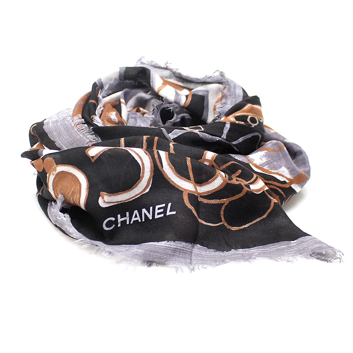 Chanel(샤넬) 블랙 그레이 모달 캐시미어 까멜리아 로고 스카프