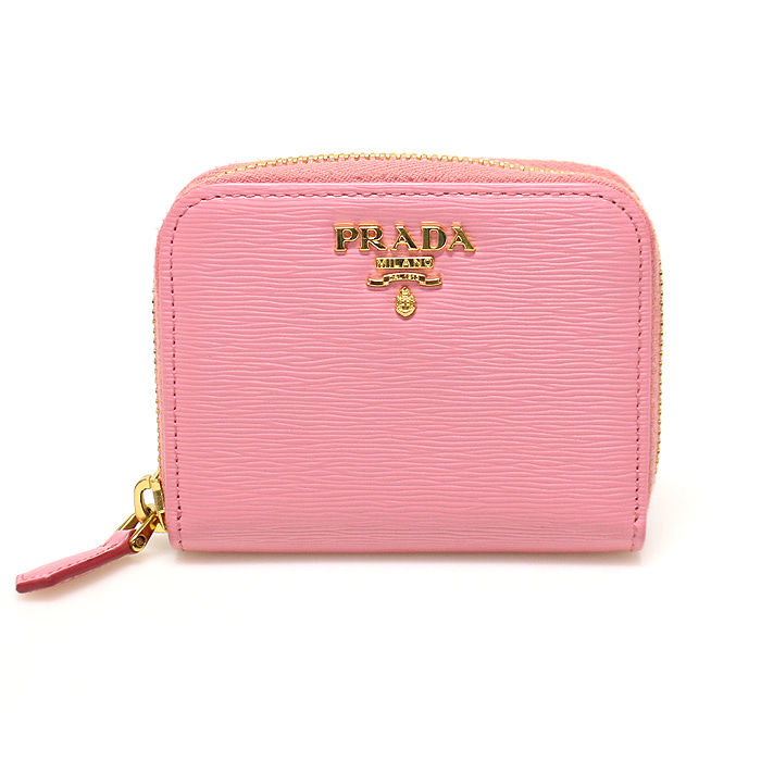 Prada(프라다) 1MM268 핑크 비텔로 무브 금장 레터링 로고 지퍼 동전 카드지갑
