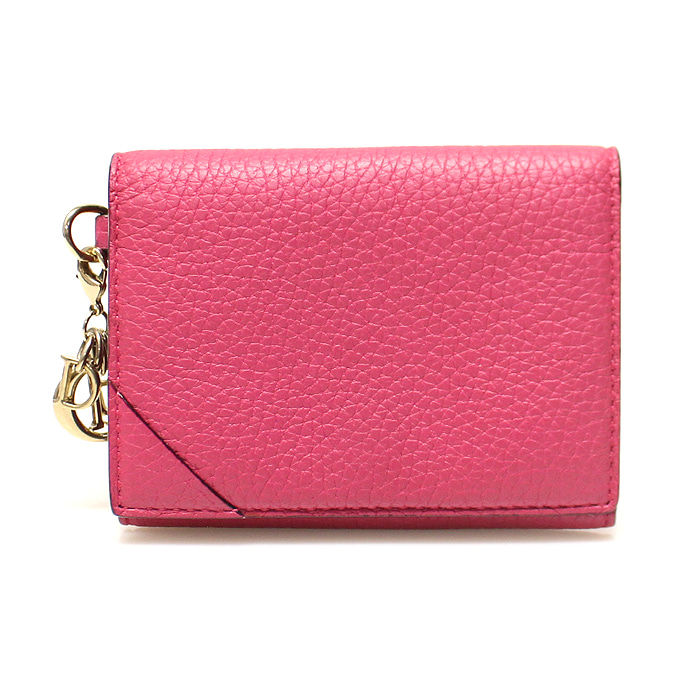 Dior(크리스챤디올) 핑크 그레인드 카프스킨 금장 참 장식 카드 케이스 지갑