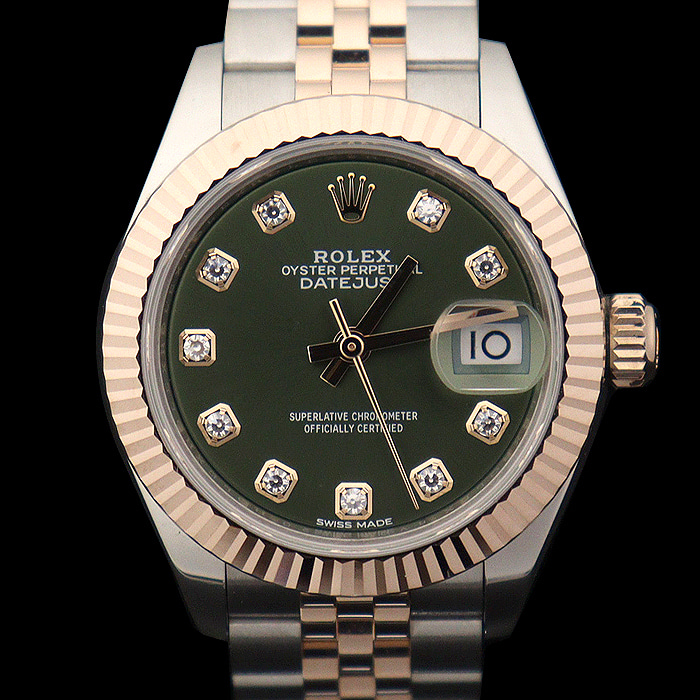 Rolex(로렉스) 279171 28MM 18K 에버로즈 골드 스틸 콤비 올리브 그린 10P 다이아 데이저스트 여성 시계