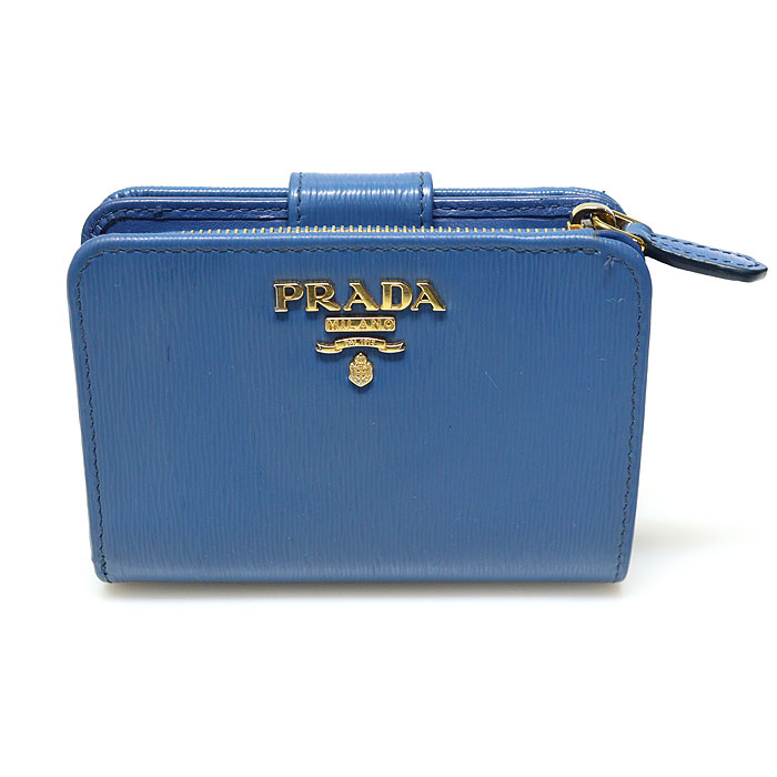 Prada(프라다) 1ML018 블루 비텔로 무브 금장 레터링 로고 반지갑