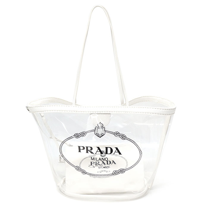 Prada(프라다) 1BG166 PVC 플렉시글라스 화이트 카나파 로고 프린트 쇼퍼 숄더백